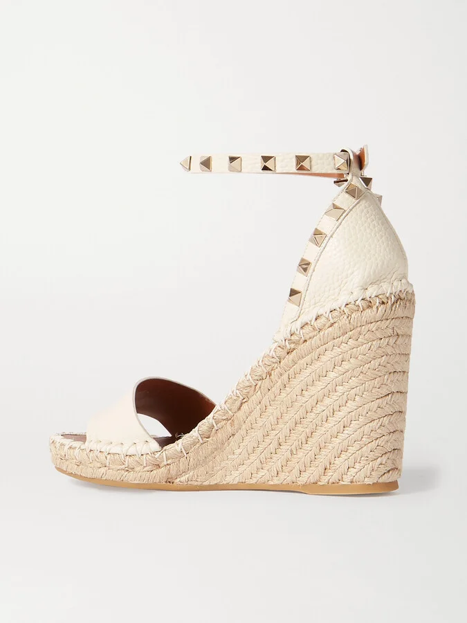 Valentino Garavani - Rockstud 105 Textured-leather Espadrille Wedge Sandals - Off-white - Image 3