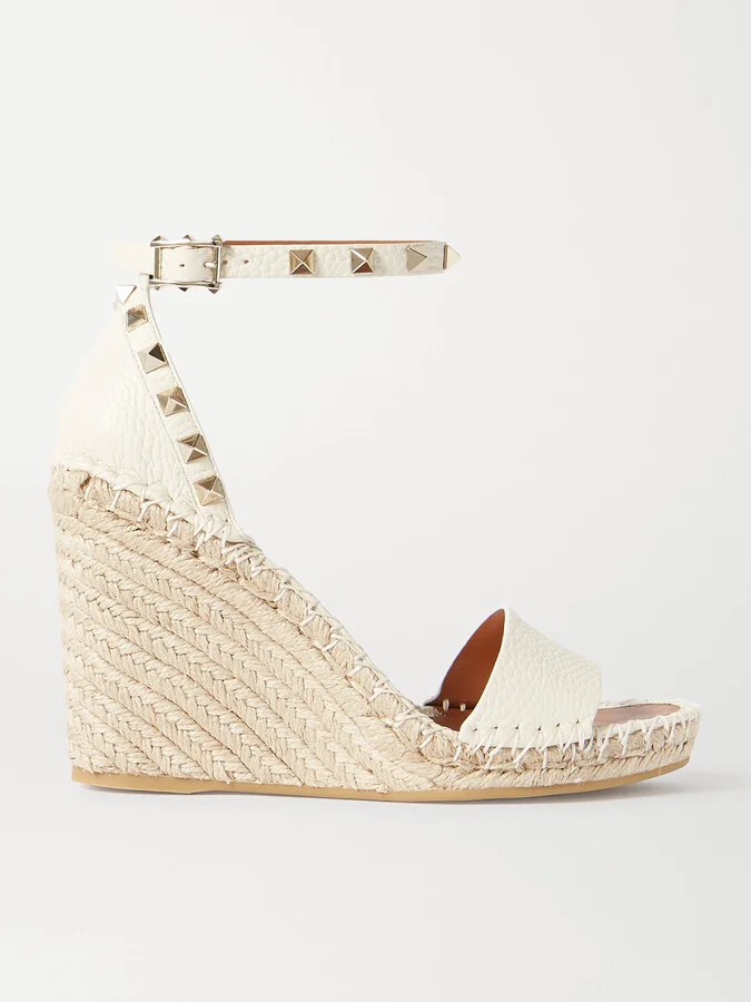 Valentino Garavani - Rockstud 105 Textured-leather Espadrille Wedge Sandals - Off-white