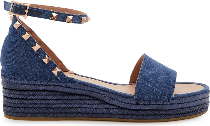Valentino Garavani Rockstud 50 Denim Wedge Espadrilles