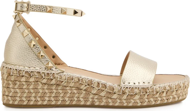 Valentino Garavani Rockstud 50 Metallic Leather Wedge Espadrilles