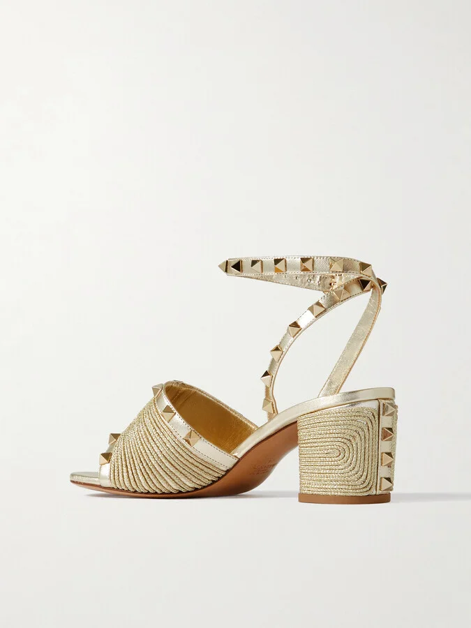 Valentino Garavani - Rockstud 60 Embellished Raffia-trimmed Metallic Leather Sandals - Gold - Image 3