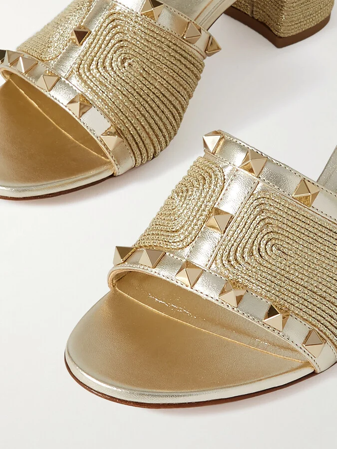 Valentino Garavani - Rockstud 60 Embellished Raffia-trimmed Metallic Leather Sandals - Gold - Image 4