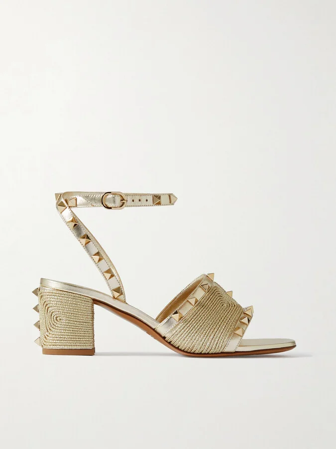 Valentino Garavani - Rockstud 60 Embellished Raffia-trimmed Metallic Leather Sandals - Gold