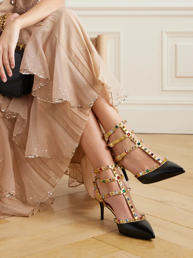 Valentino Garavani - Rockstud 65 Embellished Metallic Leather Pumps - Black - Image 2