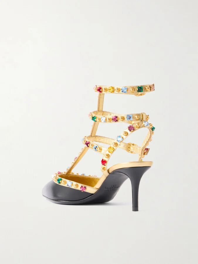 Valentino Garavani - Rockstud 65 Embellished Metallic Leather Pumps - Black - Image 3