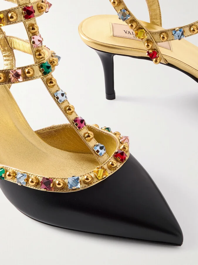 Valentino Garavani - Rockstud 65 Embellished Metallic Leather Pumps - Black - Image 4