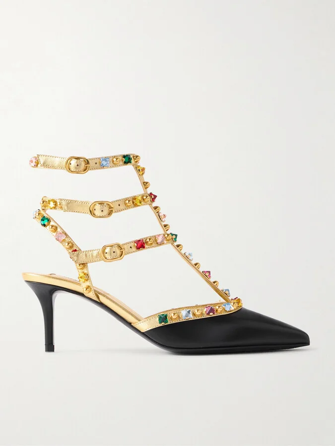 Valentino Garavani - Rockstud 65 Embellished Metallic Leather Pumps - Black