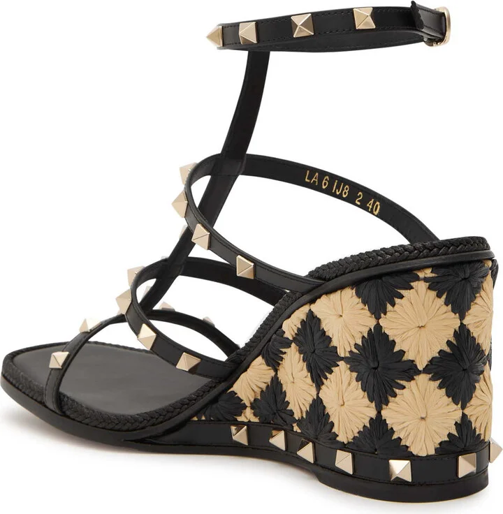 Valentino Garavani Rockstud 90 Leather and Raffia Wedge Sandals - Image 2