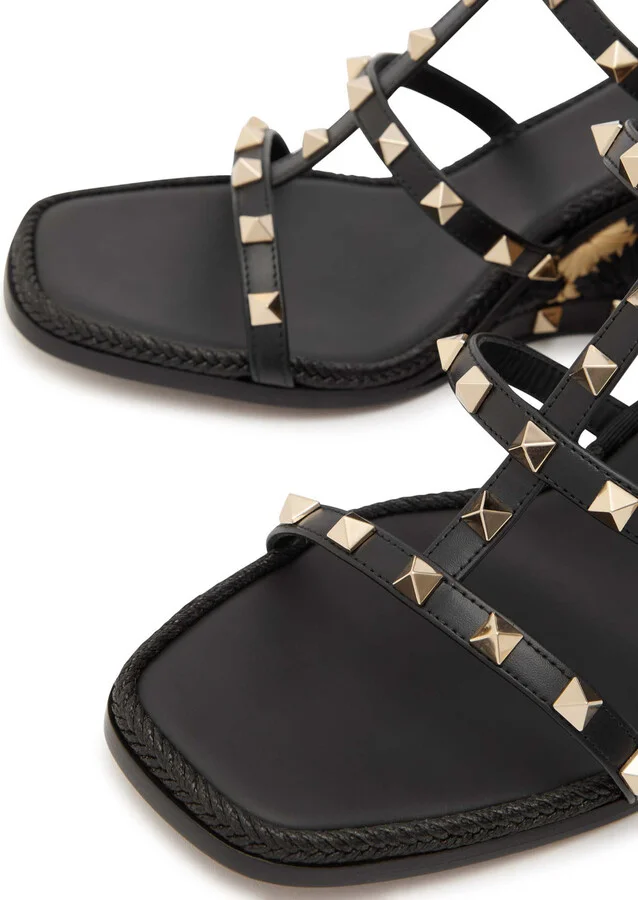 Valentino Garavani Rockstud 90 Leather and Raffia Wedge Sandals - Image 3