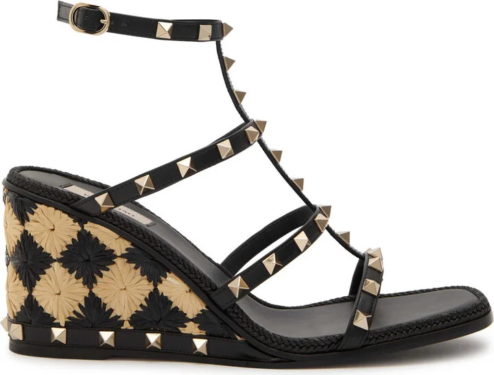 Valentino Garavani Rockstud 90 Leather and Raffia Wedge Sandals