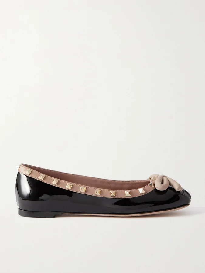 Valentino Garavani - Rockstud Bow-embellished Patent-leather Ballet Flats - Black