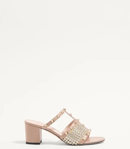 Valentino Garavani Rockstud Calfskin Slide Sandal With Strass Embroidery 60Mm