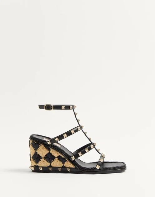 Valentino Garavani Rockstud Calfskin Wedge Sandal With Check Embroidery 80Mm