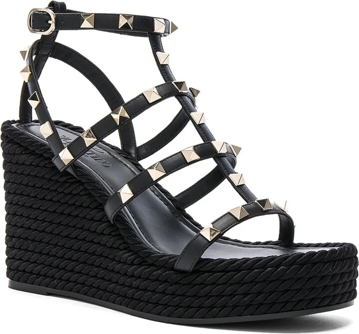 Valentino Garavani Rockstud Espadrille Wedges in Black - Image 2