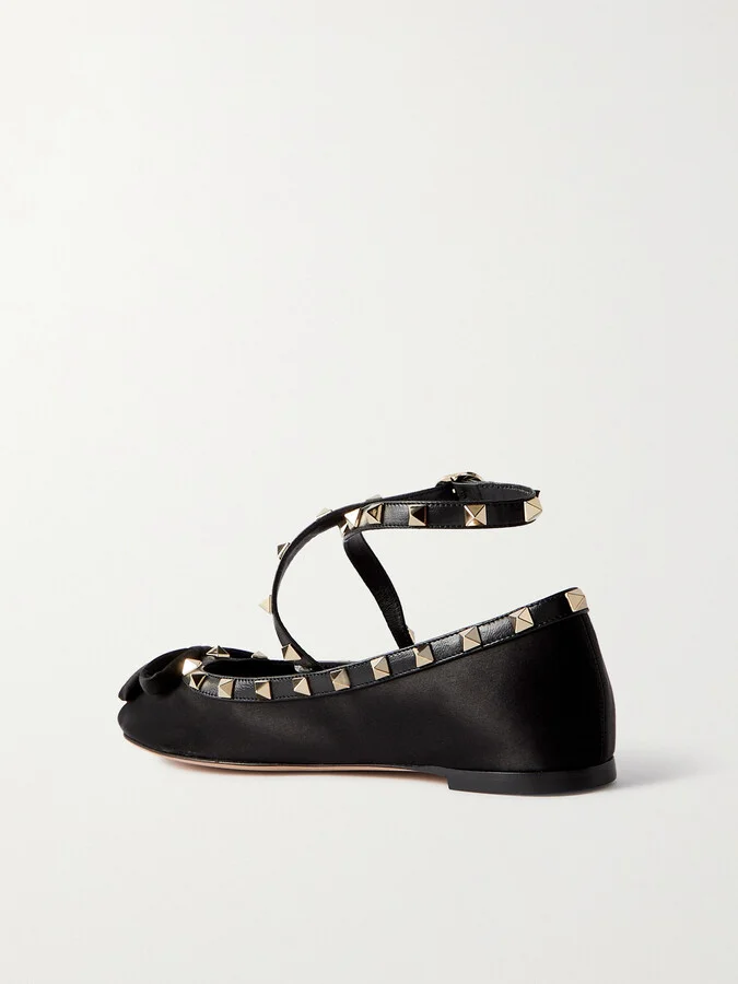 Valentino Garavani - Rockstud Leather-trimmed Satin Ballet Flats - Black - Image 3
