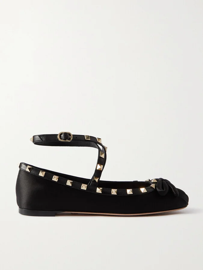 Valentino Garavani - Rockstud Leather-trimmed Satin Ballet Flats - Black