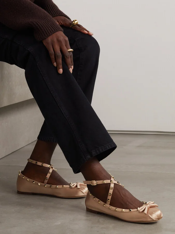 Valentino Garavani - Rockstud Leather-trimmed Satin Ballet Flats - Neutrals - Image 2