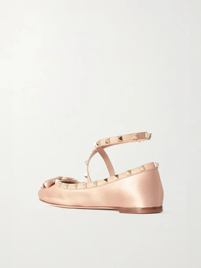 Valentino Garavani - Rockstud Leather-trimmed Satin Ballet Flats - Neutrals - Image 3