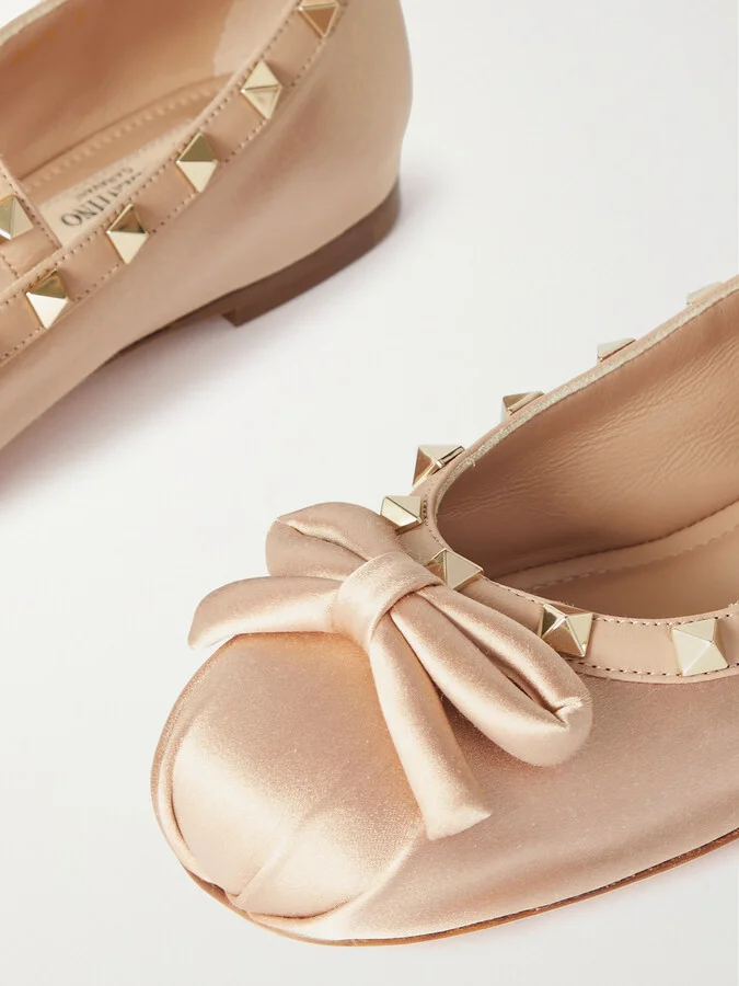 Valentino Garavani - Rockstud Leather-trimmed Satin Ballet Flats - Neutrals - Image 4