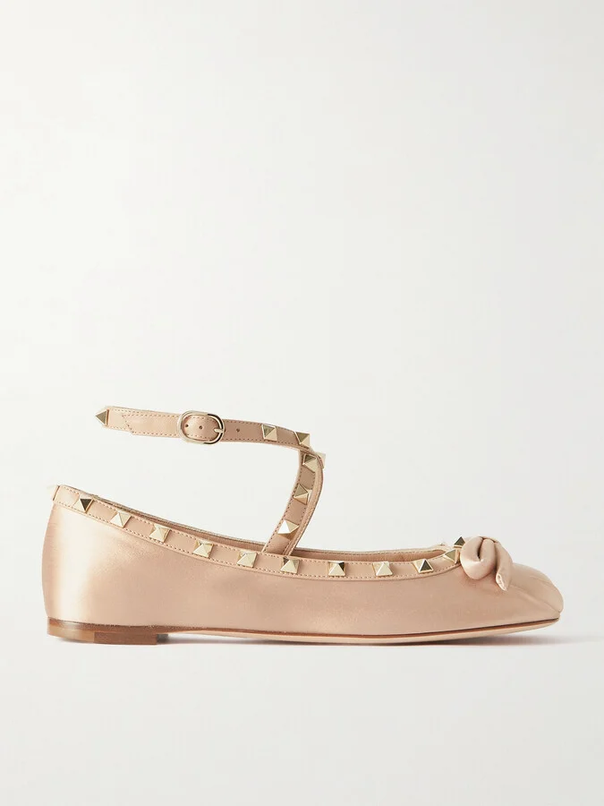 Valentino Garavani - Rockstud Leather-trimmed Satin Ballet Flats - Neutrals