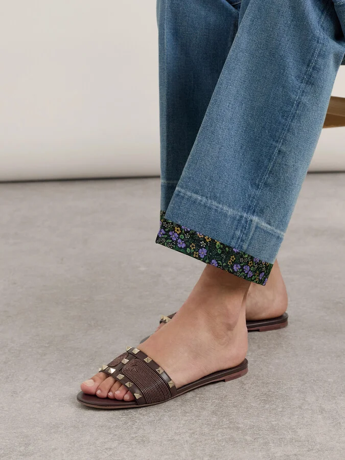 Valentino Garavani - Rockstud Raffia And Leather Slides - Brown - Image 2