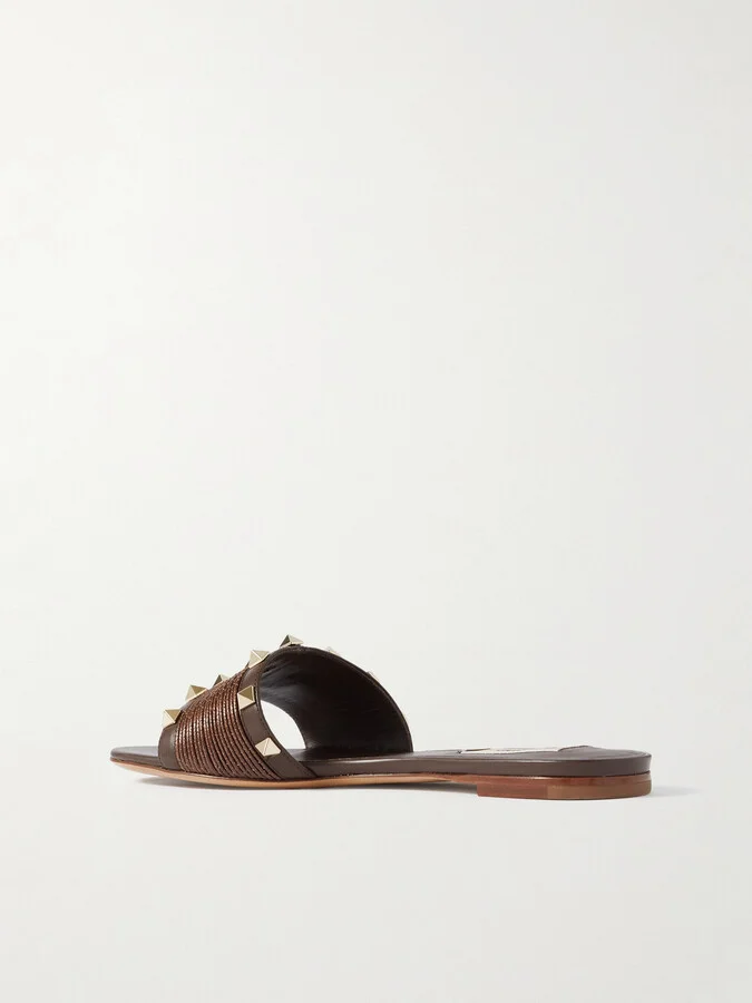 Valentino Garavani - Rockstud Raffia And Leather Slides - Brown - Image 3