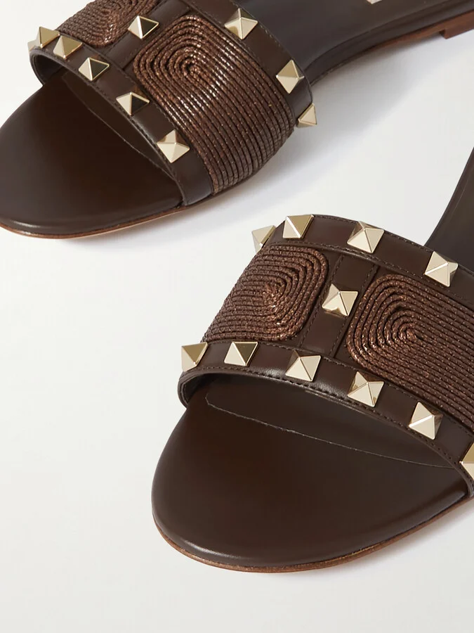 Valentino Garavani - Rockstud Raffia And Leather Slides - Brown - Image 4