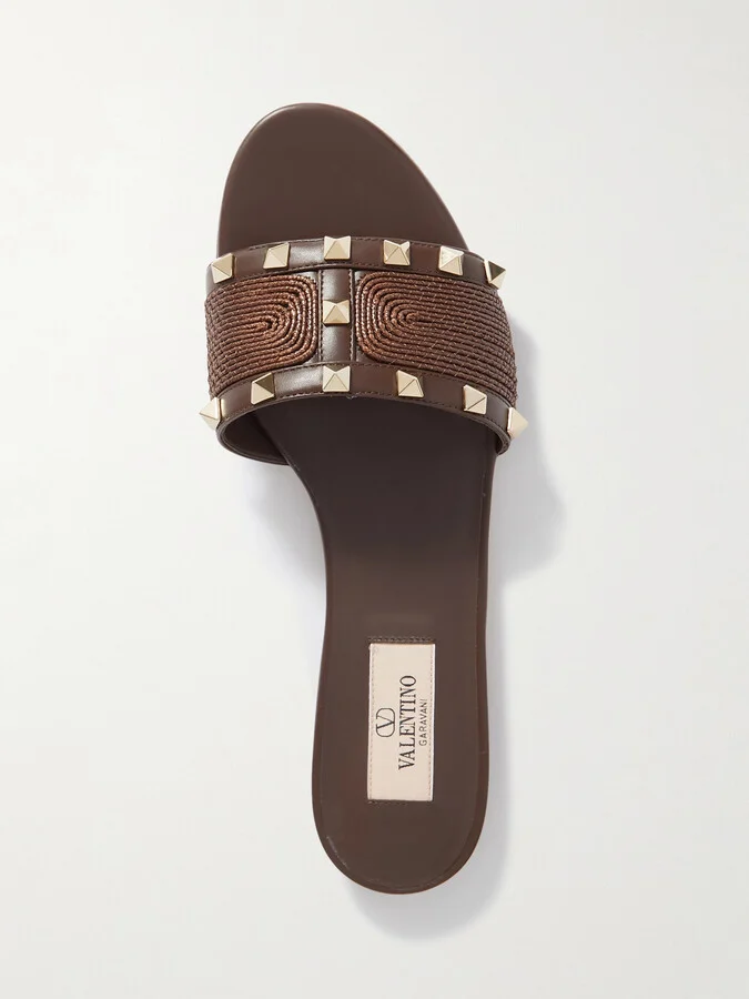 Valentino Garavani - Rockstud Raffia And Leather Slides - Brown - Image 5