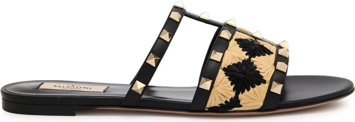 Valentino Garavani Rockstud Raffia Sliders