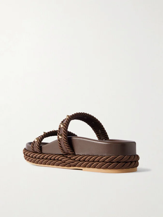 Valentino Garavani - Rockstud Rope-trimmed Studded Leather Platform Slides - Brown - Image 3