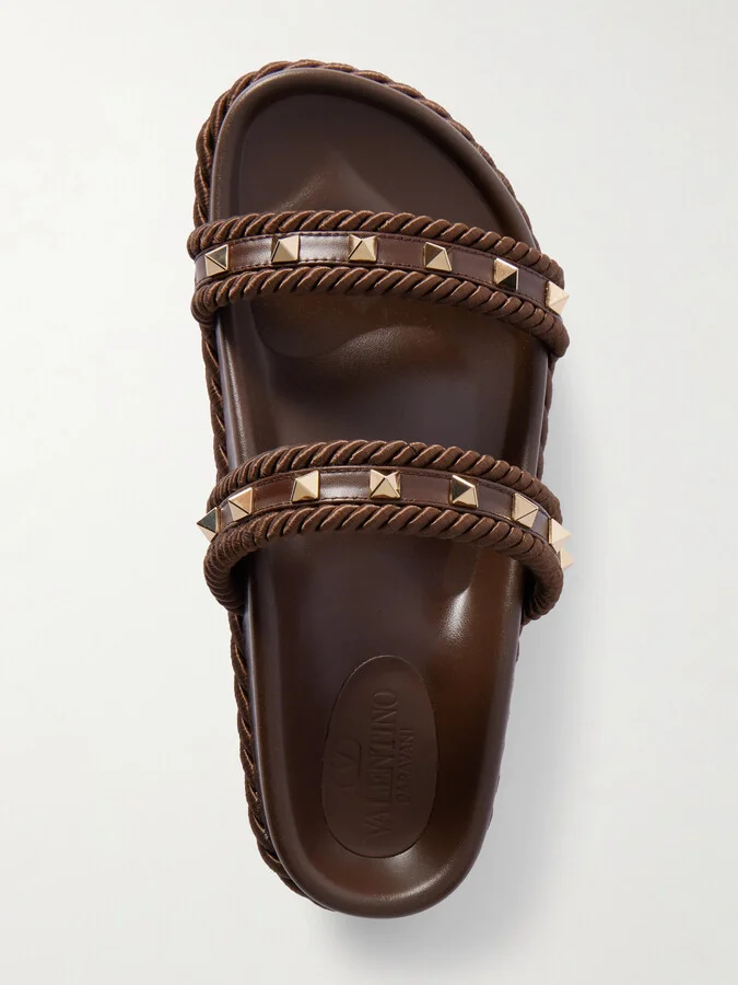 Valentino Garavani - Rockstud Rope-trimmed Studded Leather Platform Slides - Brown - Image 5