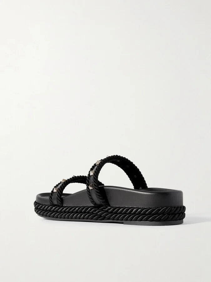 Valentino Garavani - Rockstud Rope-trimmed Studded Leather Slides - Black - Image 3