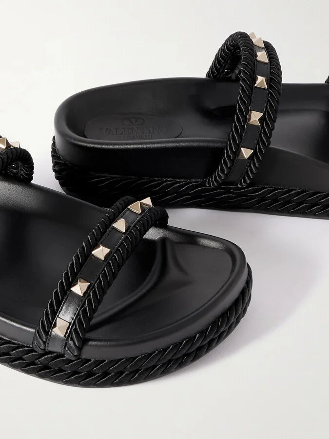 Valentino Garavani - Rockstud Rope-trimmed Studded Leather Slides - Black - Image 4