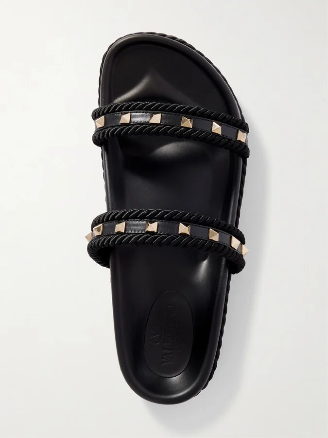 Valentino Garavani - Rockstud Rope-trimmed Studded Leather Slides - Black - Image 5