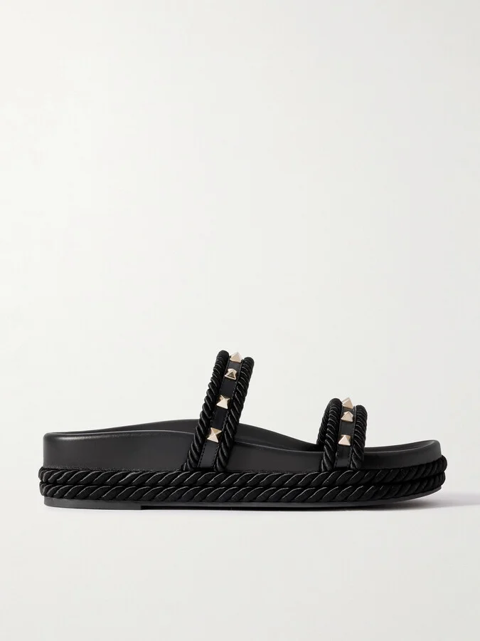 Valentino Garavani - Rockstud Rope-trimmed Studded Leather Slides - Black