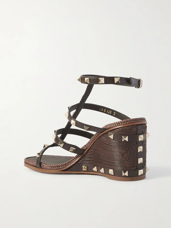 Valentino Garavani - Rockstud Studded Leather Espadrille Wedge Sandals - Brown - Image 3
