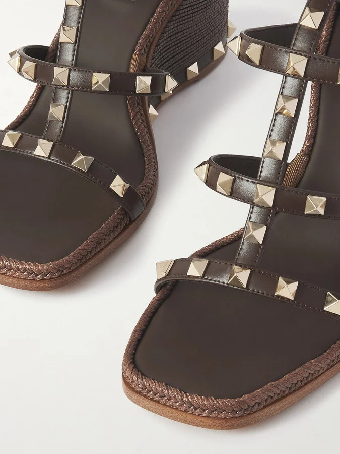 Valentino Garavani - Rockstud Studded Leather Espadrille Wedge Sandals - Brown - Image 4