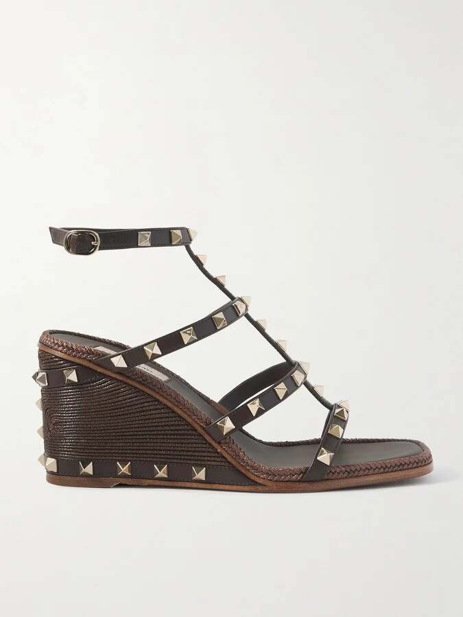 Valentino Garavani - Rockstud Studded Leather Espadrille Wedge Sandals - Brown