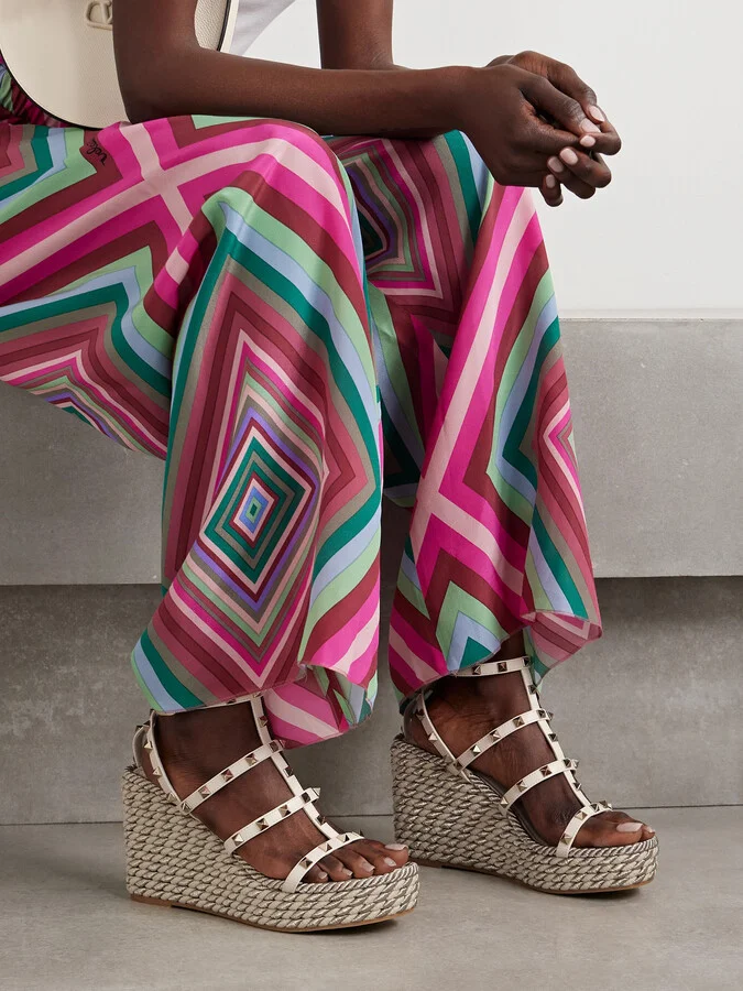 Valentino Garavani - Rockstud Torchon 105 Leather Espadrille Wedge Sandals - Ivory - Image 2