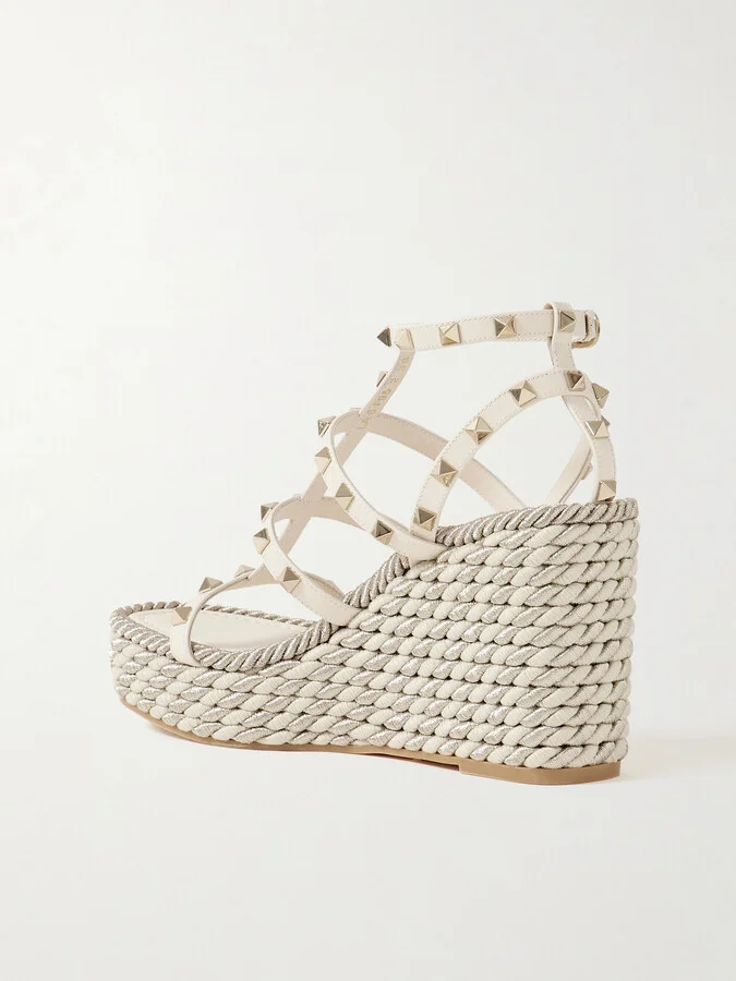 Valentino Garavani - Rockstud Torchon 105 Leather Espadrille Wedge Sandals - Ivory - Image 3
