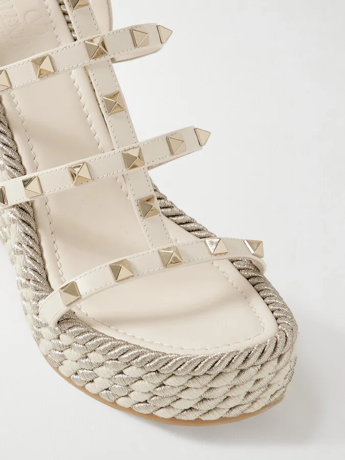 Valentino Garavani - Rockstud Torchon 105 Leather Espadrille Wedge Sandals - Ivory - Image 4