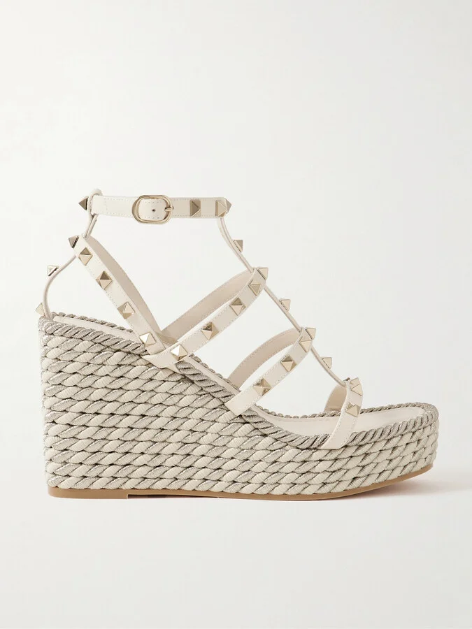 Valentino Garavani - Rockstud Torchon 105 Leather Espadrille Wedge Sandals - Ivory