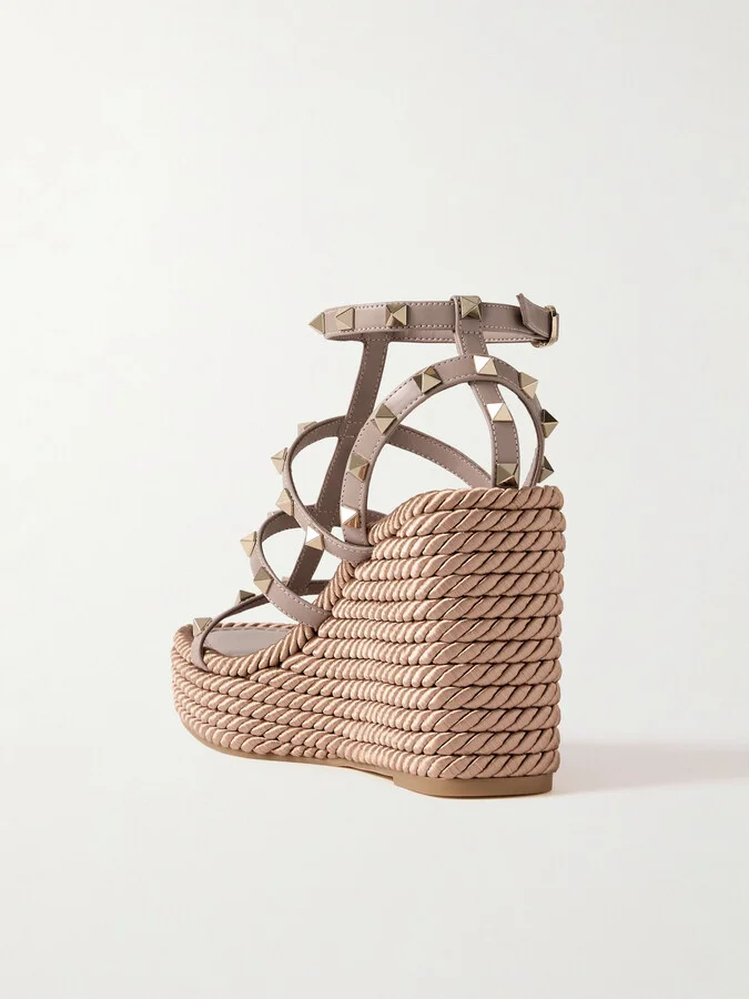 Valentino Garavani - Rockstud Torchon 105 Leather Espadrille Wedge Sandals - Pink - Image 3