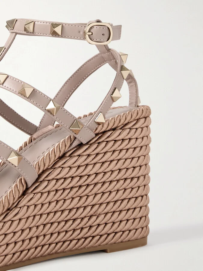 Valentino Garavani - Rockstud Torchon 105 Leather Espadrille Wedge Sandals - Pink - Image 4