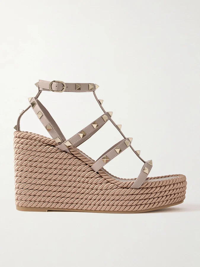 Valentino Garavani - Rockstud Torchon 105 Leather Espadrille Wedge Sandals - Pink