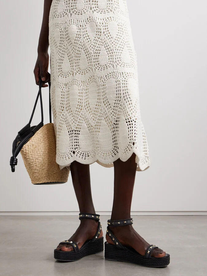 Valentino Garavani - Rockstud Torchon 60 Leather And Silk Rope Platform Espadrilles - Black - Image 2