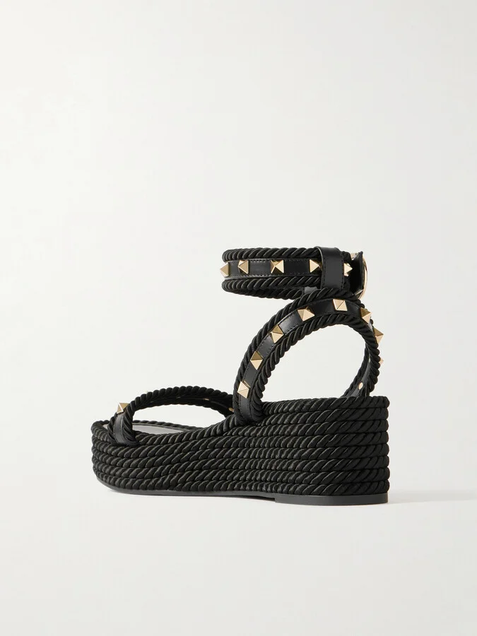 Valentino Garavani - Rockstud Torchon 60 Leather And Silk Rope Platform Espadrilles - Black - Image 3