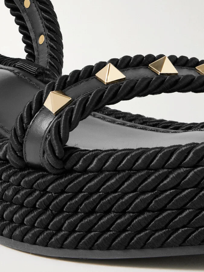 Valentino Garavani - Rockstud Torchon 60 Leather And Silk Rope Platform Espadrilles - Black - Image 4