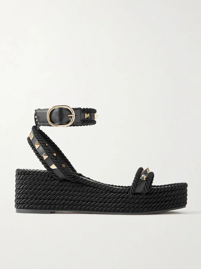 Valentino Garavani - Rockstud Torchon 60 Leather And Silk Rope Platform Espadrilles - Black