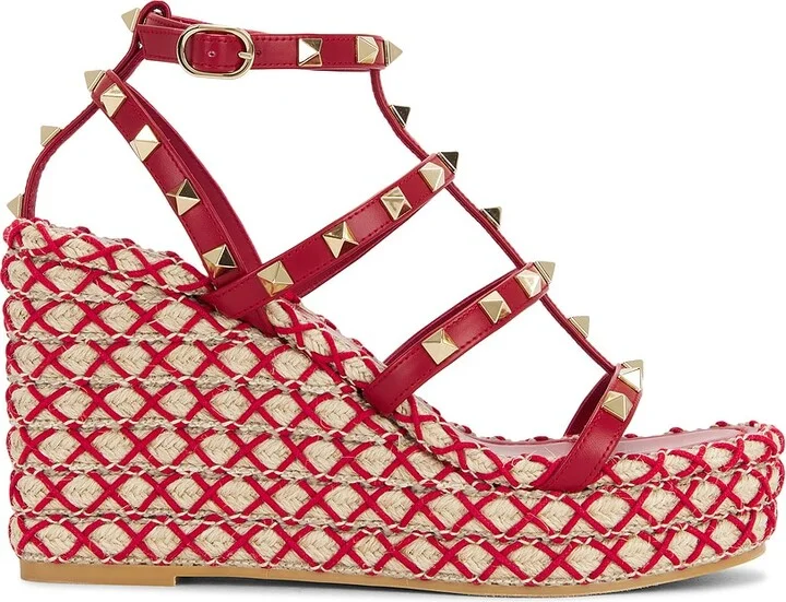Valentino Garavani Rockstud Torchon Espadrilla Wedge in Red
